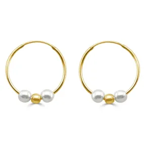 Pendientes de aro de oro de ley con bola y 2 perlas