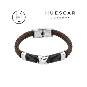 Pulsera para hombres de acero y cuero marrón